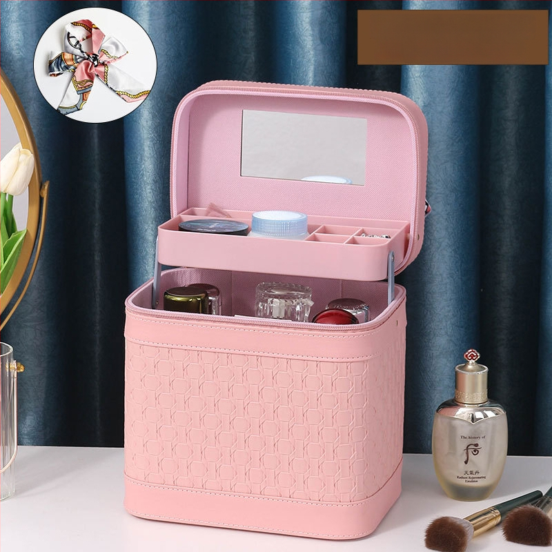 Многослойна козметична кутия за пътуване с огледало, PVC, цип, каре шарка, антибактериална, с универсални колела