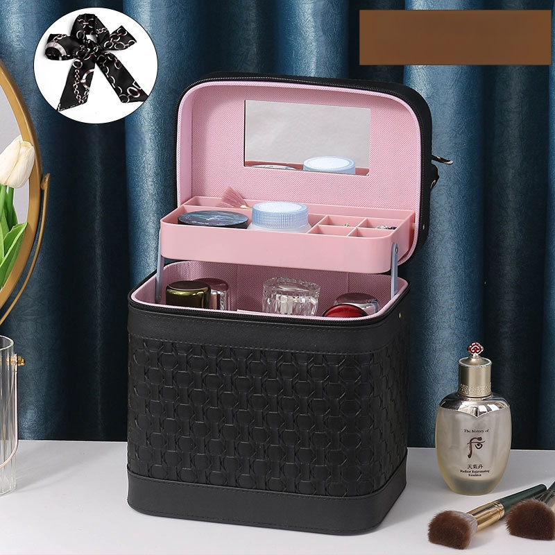 Многослойна козметична кутия за пътуване с огледало, PVC, цип, каре шарка, антибактериална, с универсални колела