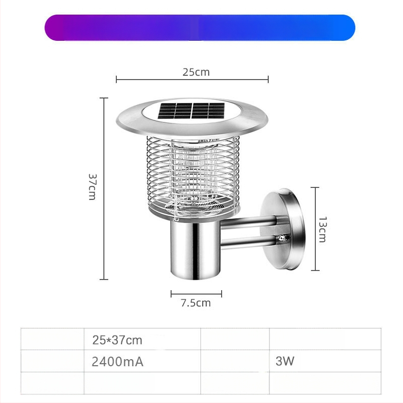Napelemes kültéri LED szúnyogirtó lámpa, vízálló, 31–40 m² területre, 0–180°-ban állítható, rozsdamentes acél ház