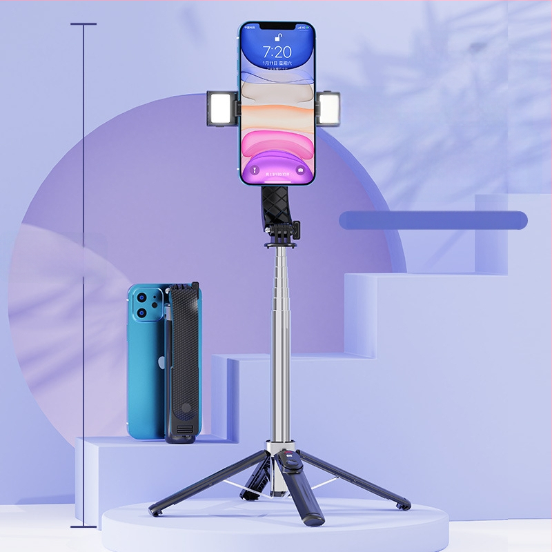 Četrkājains telefona statīvs tiešraidei ar Bluetooth tālvadību un iebūvētu apgaismojumu
