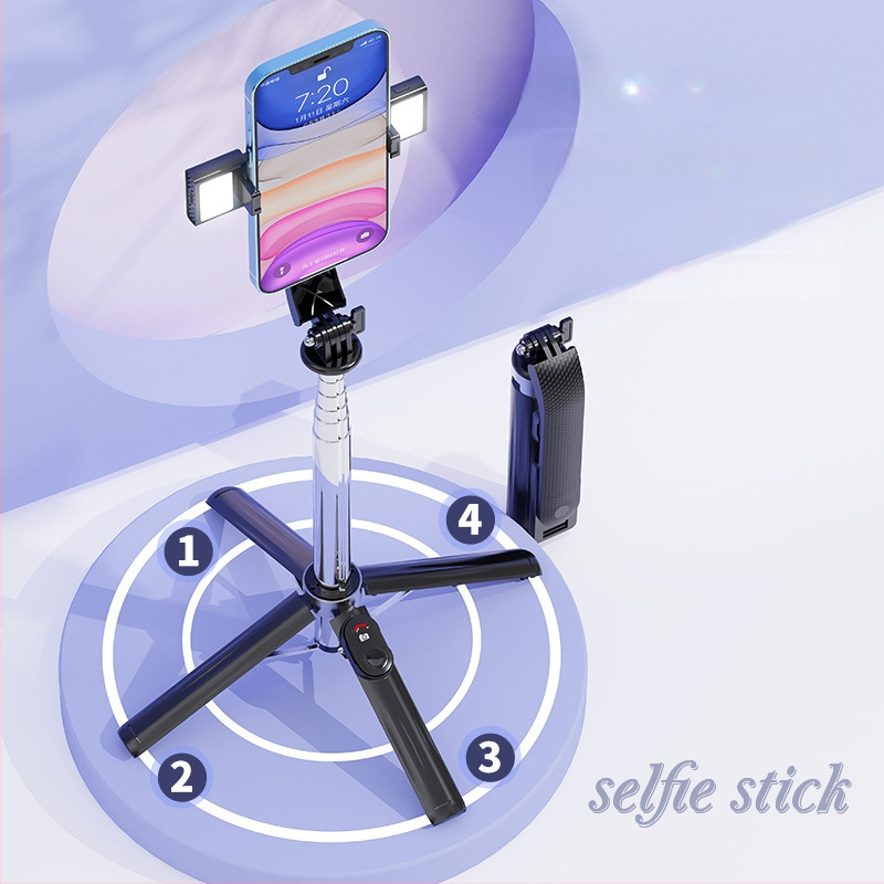 Četrkājains telefona statīvs tiešraidei ar Bluetooth tālvadību un iebūvētu apgaismojumu