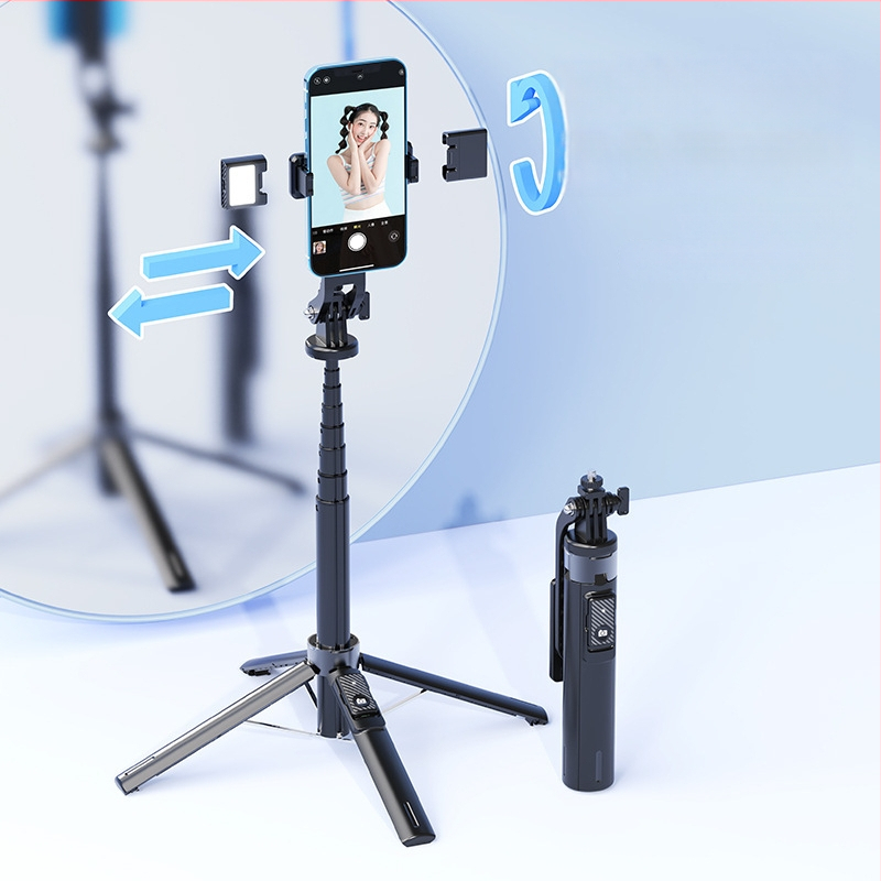 Bluetooth Selfie nūjiņa ar apgaismojumu, alumīnija sakausējuma caurule, noņemams gimbāls, četrrānu statīvs kamerai un viedtelefonam