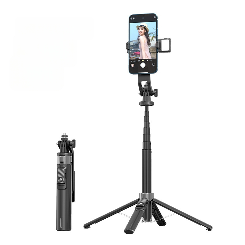 Bluetooth Selfie nūjiņa ar apgaismojumu, alumīnija sakausējuma caurule, noņemams gimbāls, četrrānu statīvs kamerai un viedtelefonam