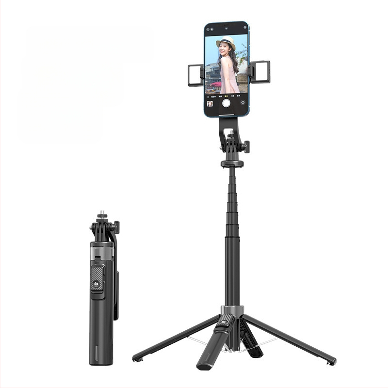 Bluetooth Selfie nūjiņa ar apgaismojumu, alumīnija sakausējuma caurule, noņemams gimbāls, četrrānu statīvs kamerai un viedtelefonam
