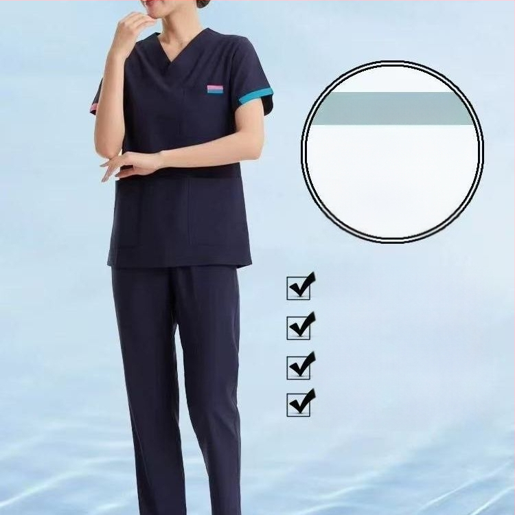Set scrub medical unisex în stil coreean, cu țesătură Chenille elastică și uscare rapidă (90–95% spandex), protecție împotriva radiațiilor, mâneci 5/4, guler de blană, Primăvară-Vară 2025.