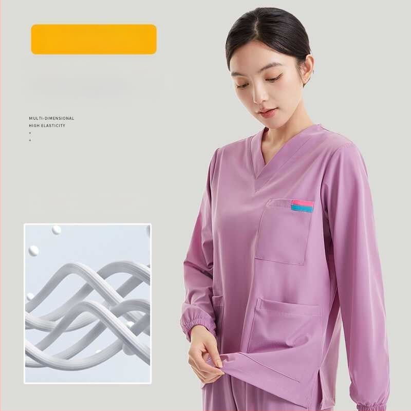 Set scrub medical unisex în stil coreean, cu țesătură Chenille elastică și uscare rapidă (90–95% spandex), protecție împotriva radiațiilor, mâneci 5/4, guler de blană, Primăvară-Vară 2025.