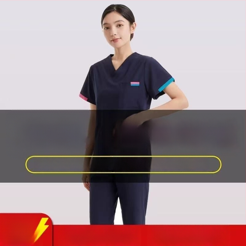 Set scrub medical unisex în stil coreean, cu țesătură Chenille elastică și uscare rapidă (90–95% spandex), protecție împotriva radiațiilor, mâneci 5/4, guler de blană, Primăvară-Vară 2025.