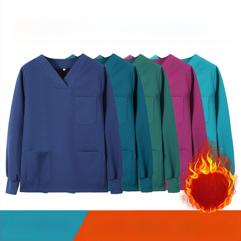 Set scrub unisex pentru clinici dentare și veterinare, căptușit cu fleece, mâneci lungi, costum split (top și bottom), decolteu în V, 90–95% elastan