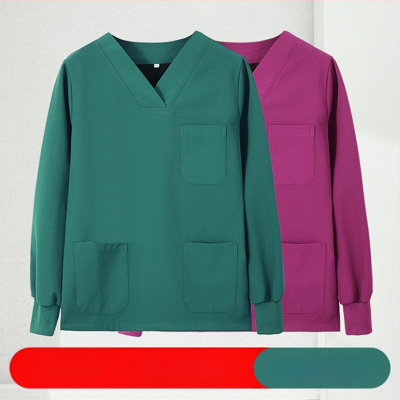 Set scrub unisex pentru clinici dentare și veterinare, căptușit cu fleece, mâneci lungi, costum split (top și bottom), decolteu în V, 90–95% elastan