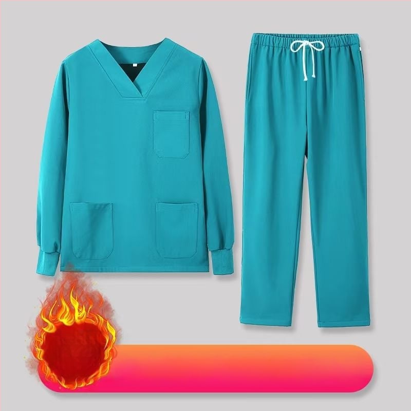 Set scrub unisex pentru clinici dentare și veterinare, căptușit cu fleece, mâneci lungi, costum split (top și bottom), decolteu în V, 90–95% elastan