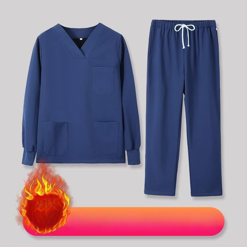 Set scrub unisex pentru clinici dentare și veterinare, căptușit cu fleece, mâneci lungi, costum split (top și bottom), decolteu în V, 90–95% elastan