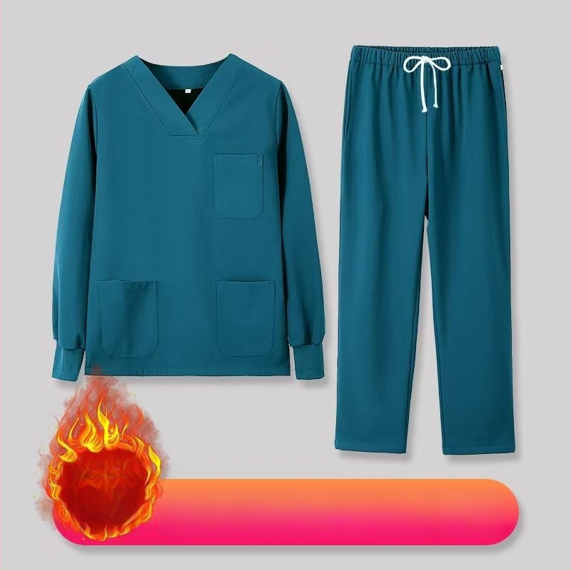 Set scrub unisex pentru clinici dentare și veterinare, căptușit cu fleece, mâneci lungi, costum split (top și bottom), decolteu în V, 90–95% elastan