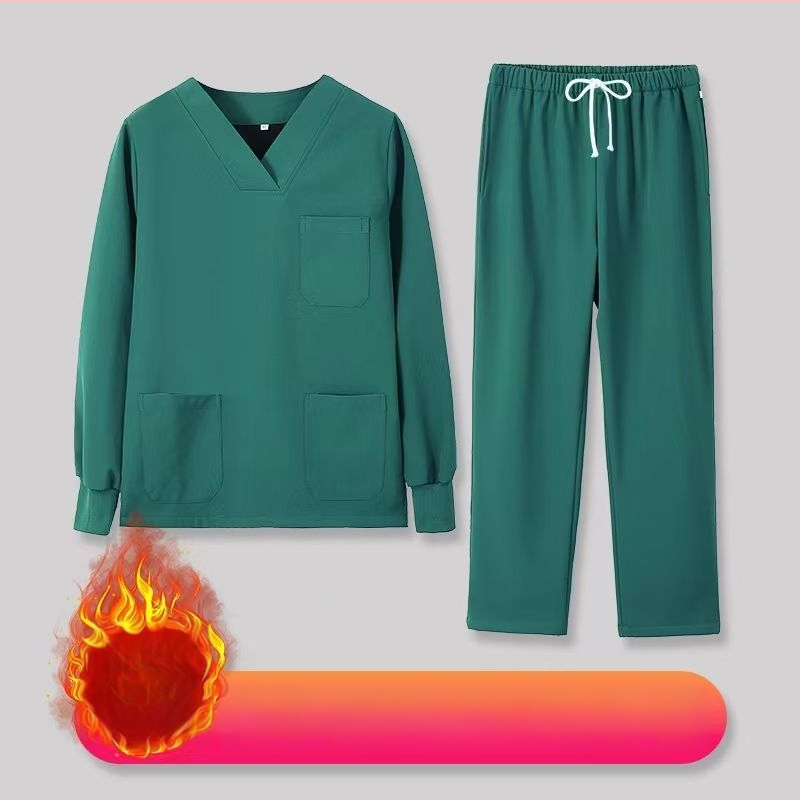 Set scrub unisex pentru clinici dentare și veterinare, căptușit cu fleece, mâneci lungi, costum split (top și bottom), decolteu în V, 90–95% elastan