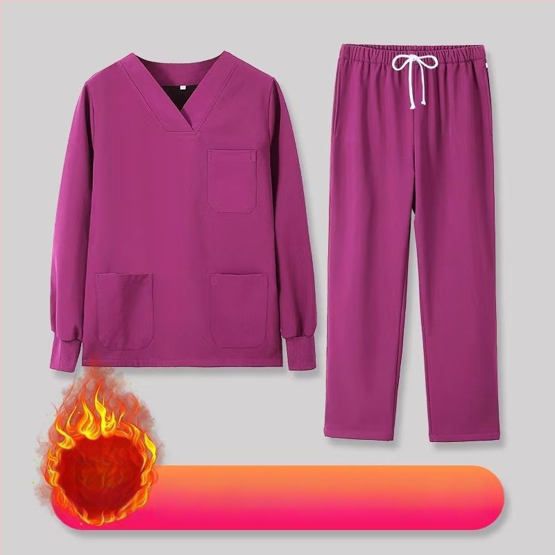 Set scrub unisex pentru clinici dentare și veterinare, căptușit cu fleece, mâneci lungi, costum split (top și bottom), decolteu în V, 90–95% elastan