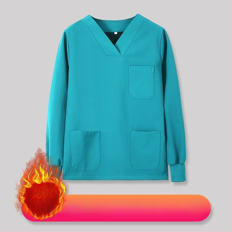 Set scrub unisex pentru clinici dentare și veterinare, căptușit cu fleece, mâneci lungi, costum split (top și bottom), decolteu în V, 90–95% elastan