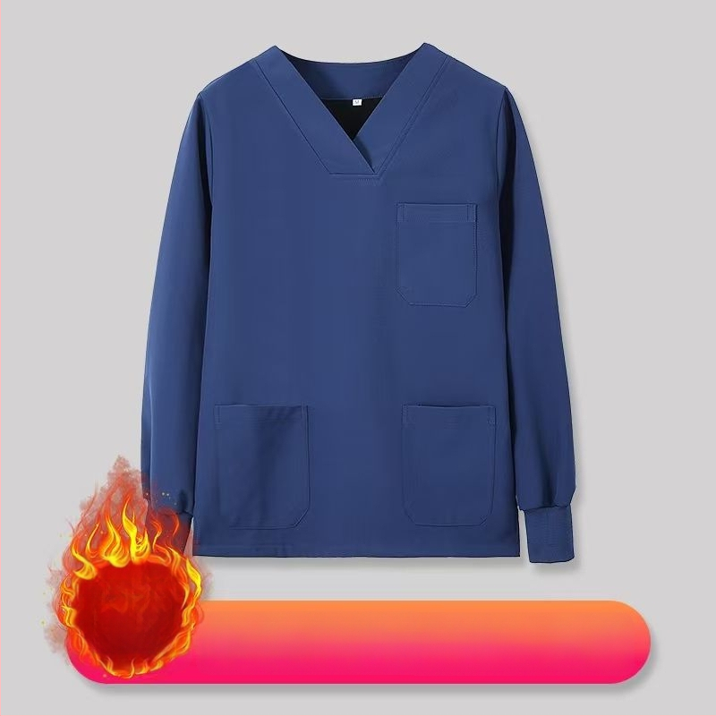 Set scrub unisex pentru clinici dentare și veterinare, căptușit cu fleece, mâneci lungi, costum split (top și bottom), decolteu în V, 90–95% elastan