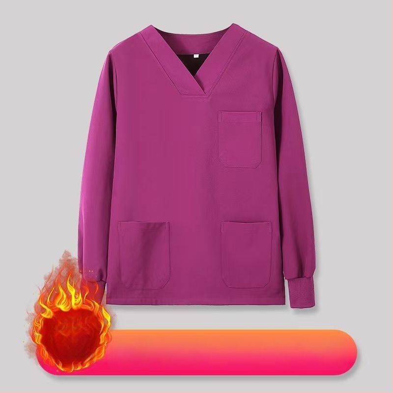 Set scrub unisex pentru clinici dentare și veterinare, căptușit cu fleece, mâneci lungi, costum split (top și bottom), decolteu în V, 90–95% elastan