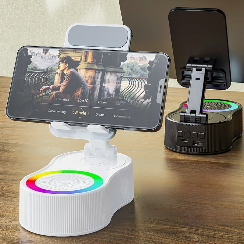 Sakārtojams galda tālruņa statīvs ar bezvadu skaļruni un atmosfēras gaismu, QC4.0 ātrā uzlāde, 15W, 3A