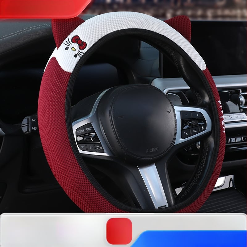 Еластичен калъф за волан с 3D бродерия на котешки уши, универсален за всички сезони, синтетично влакно, мил стил, лесен монтаж