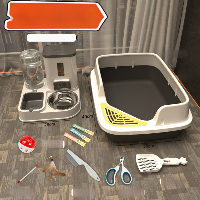 Комплект котешки принадлежности за начинаещи: пълен набор от котешки тоалетни кутии и купи за храна, PVC материал, марка Orange tail, без внос