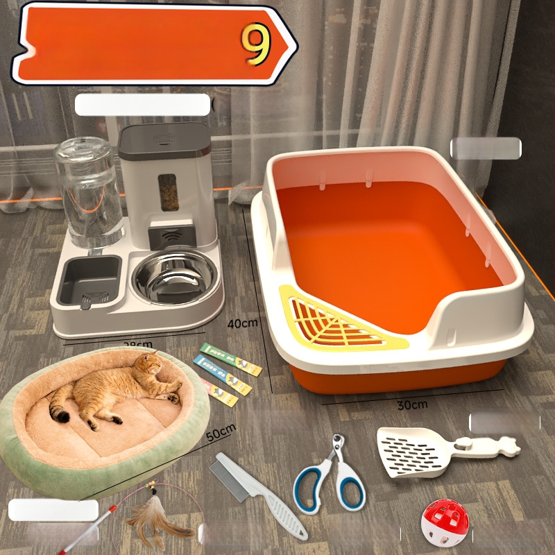 Комплект котешки принадлежности за начинаещи: пълен набор от котешки тоалетни кутии и купи за храна, PVC материал, марка Orange tail, без внос