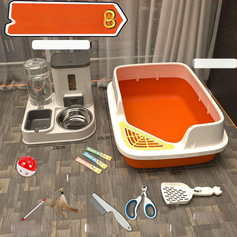 Комплект котешки принадлежности за начинаещи: пълен набор от котешки тоалетни кутии и купи за храна, PVC материал, марка Orange tail, без внос