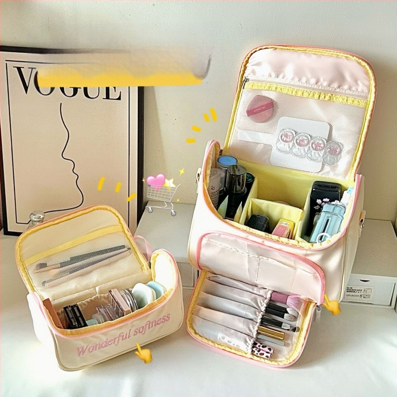 Geantă de makeup cu capacitate mare și compartimente separate, pentru călătorii de agrement, din poliester, închidere cu fermoar, pentru femei
