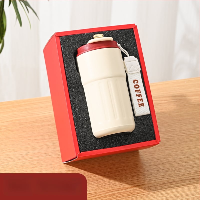 Üzleti ajándék termosz bögre egyedi logóval – 316 rozsdamentes acél, vákuum szigetelés 0–6 óra, nyomtatható logó, hordozó zsinórral, díszdobozos csomagolás