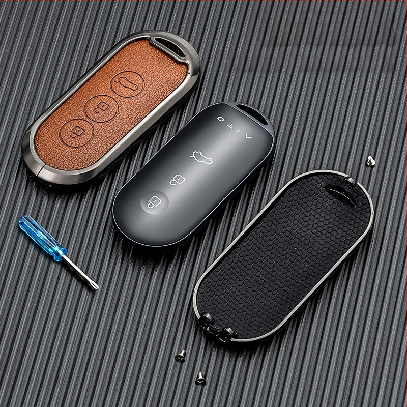 Калъф за автомобилен ключ Qijie M7/M5 EV – корпус от цинкова сплав и PU, пълно покритие, двустранен кожен дизайн, бизнес стил (2022)