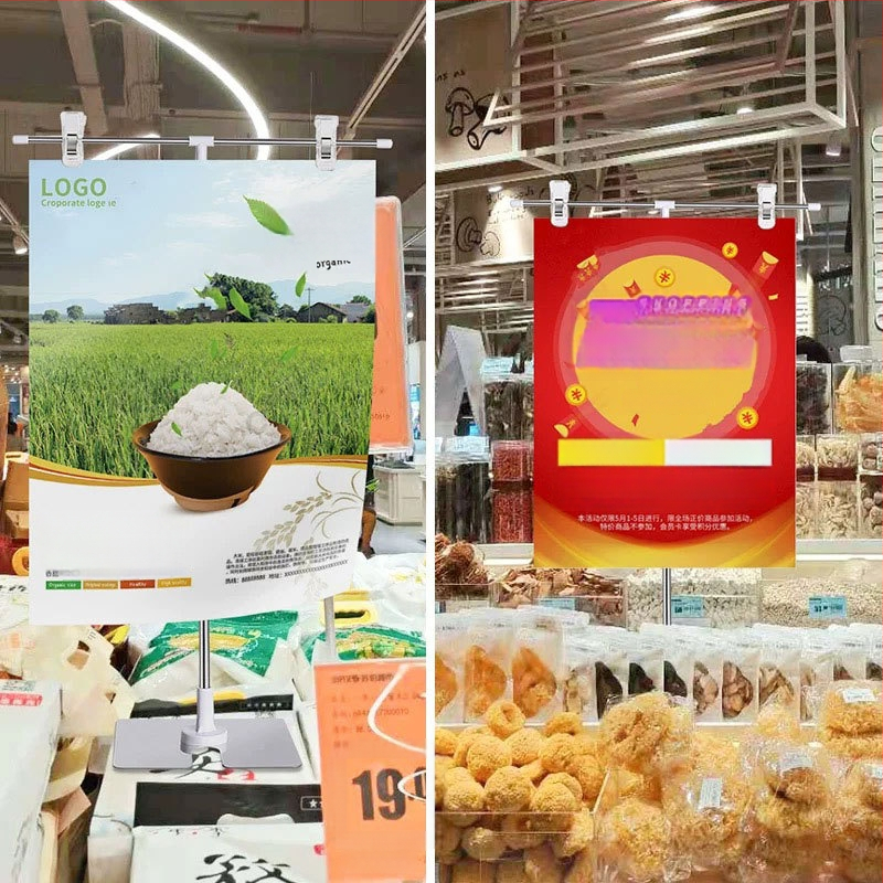 Настолен държач за плакати от неръждаема стомана с телескопично Л-образно рамо и клип за KT дъска за супермаркети