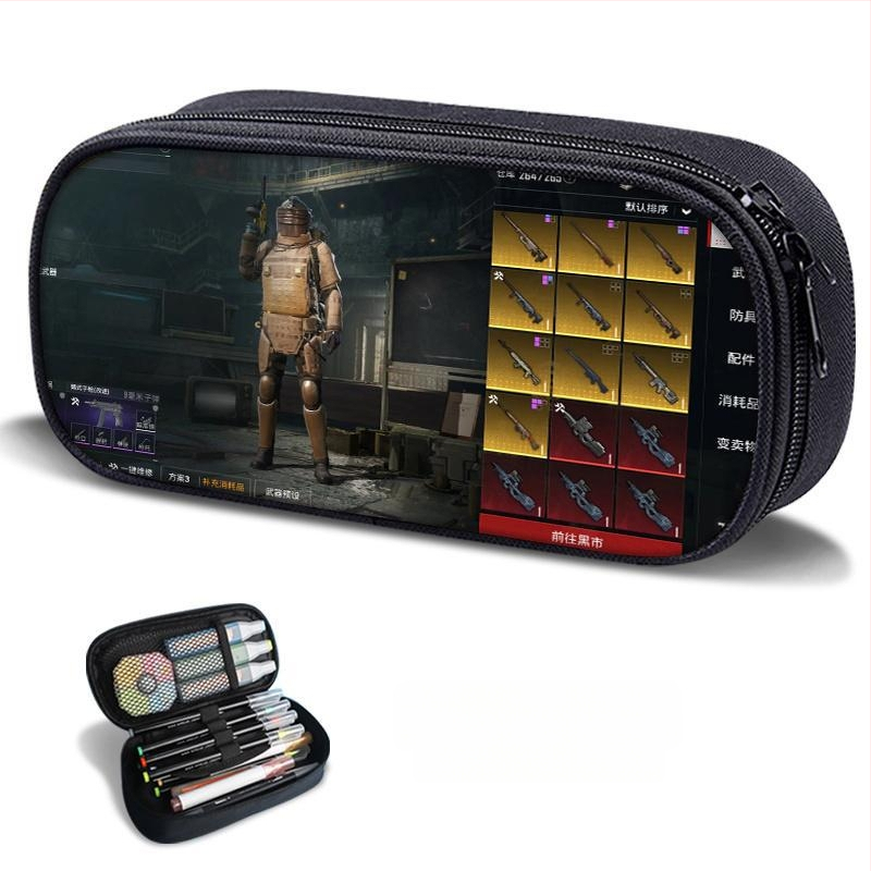 Несесер за моливи – PUBG Peace Elite тема, платнен, ръчно рисуван стил, за момчета и ученици