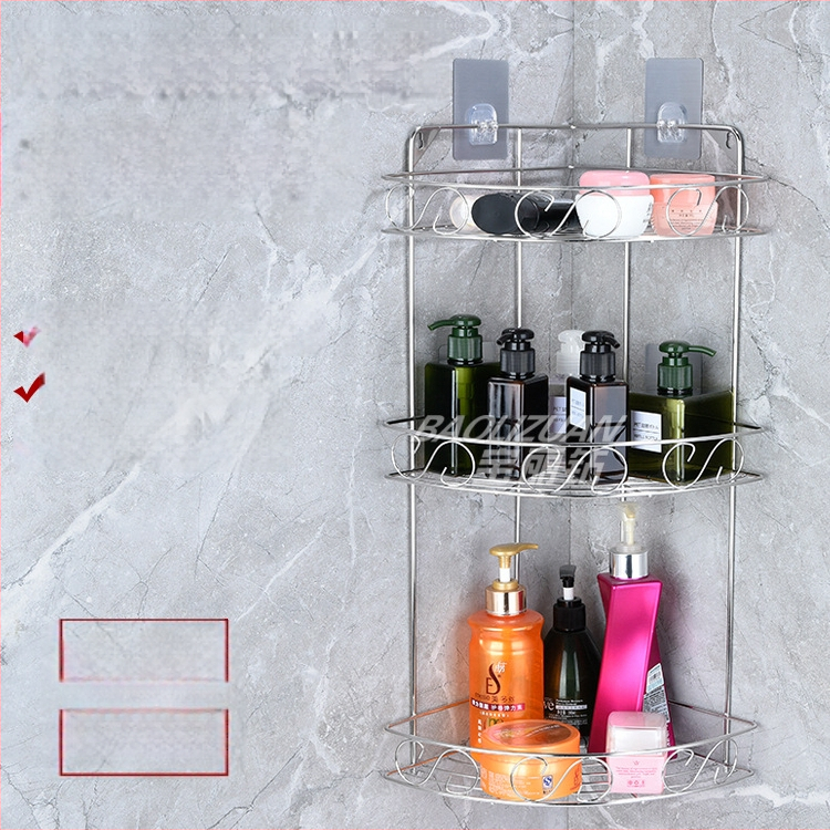 Ανοξείδωτο ράφι τοίχου αποθήκευσης - 2 επίπεδα, τριγωνικός σχεδιασμός, εγκατάσταση без τρύπες, για μπάνιο και κουζίνα