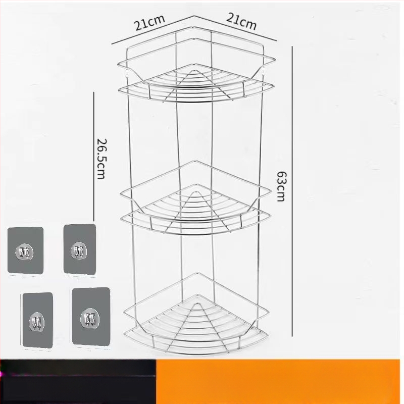 Ανοξείδωτο ράφι τοίχου αποθήκευσης - 2 επίπεδα, τριγωνικός σχεδιασμός, εγκατάσταση без τρύπες, για μπάνιο και κουζίνα