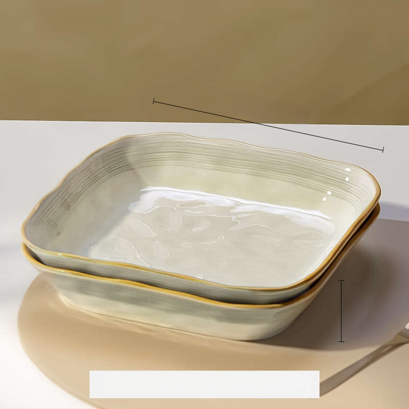 Πλατύ πιάτο πορσελάνης, τετράγωνο σχήμα, υπό γλάσο φινίρισμα, μονοχρωματικό μοτίβο, κατάλληλο για φούρνο μικροκυμάτων