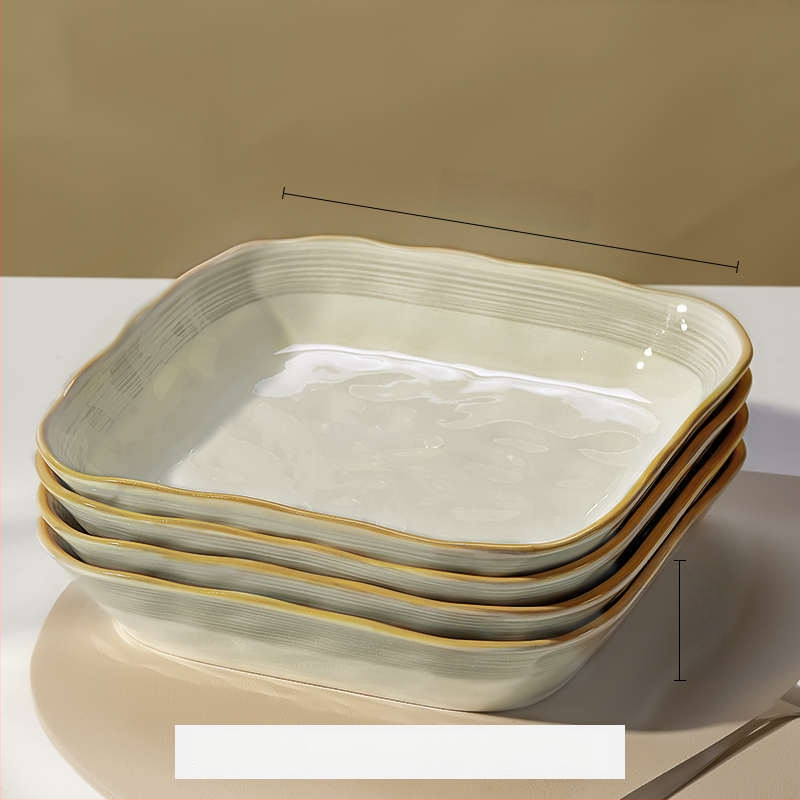 Πλατύ πιάτο πορσελάνης, τετράγωνο σχήμα, υπό γλάσο φινίρισμα, μονοχρωματικό μοτίβο, κατάλληλο για φούρνο μικροκυμάτων