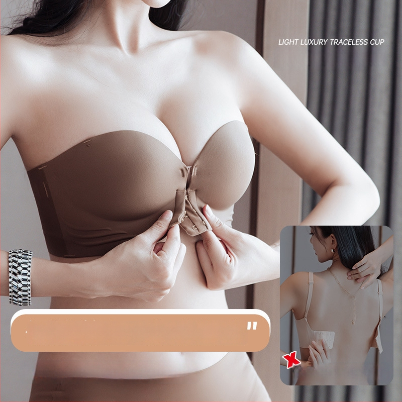 Be pavadų push-up liemenėlė su priekyje užsegimu, nematoma po drabužiais, nailoninė išorė, formuoti puodeliai iš medvilnės