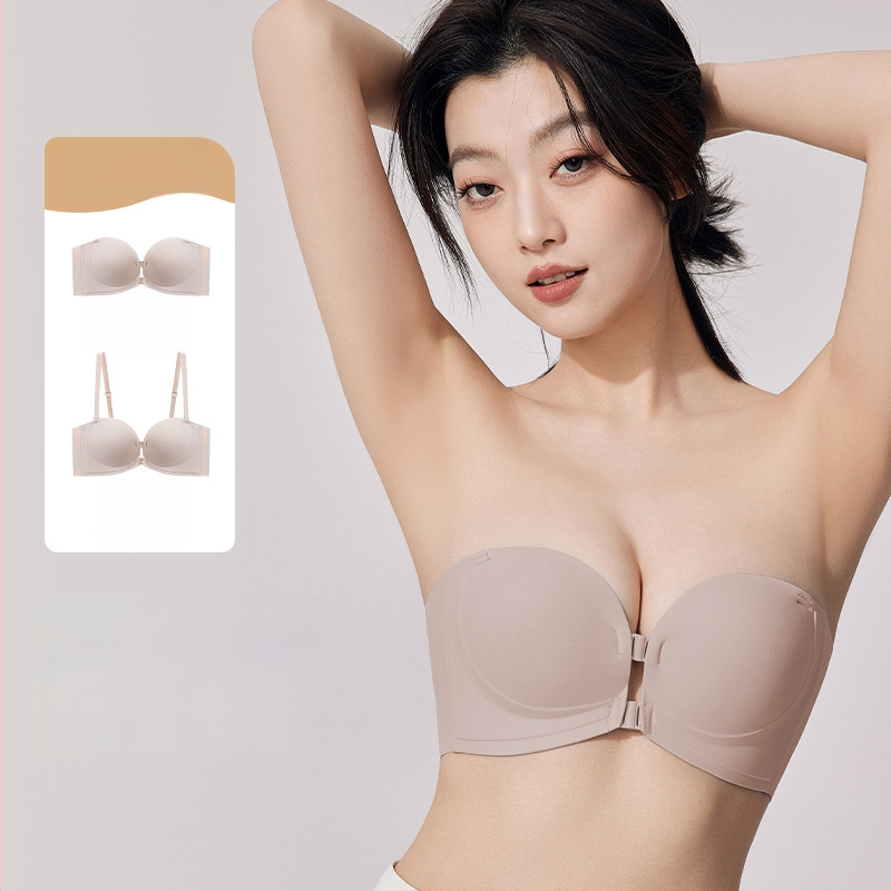 Бюстгальтер без презрамки с мека опора, повдигащ ефект, противохлъзващ дизайн, предна катарама, сменяеми двойни презрамки