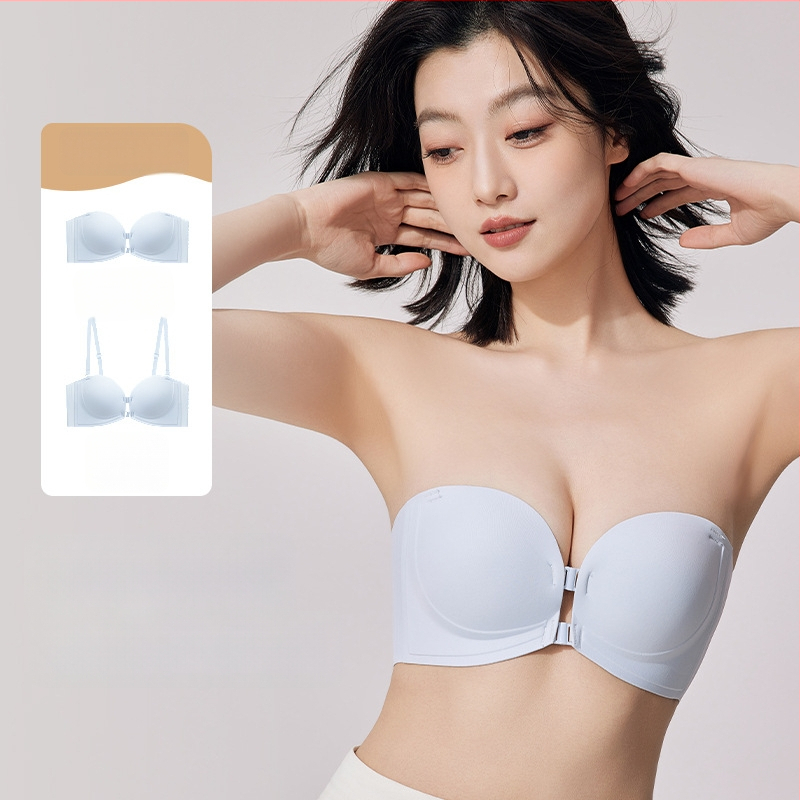 Бюстгальтер без презрамки с мека опора, повдигащ ефект, противохлъзващ дизайн, предна катарама, сменяеми двойни презрамки