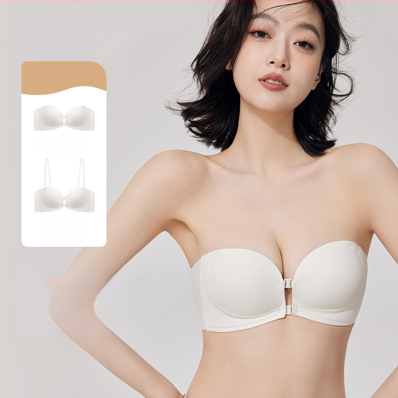 Бюстгальтер без презрамки с мека опора, повдигащ ефект, противохлъзващ дизайн, предна катарама, сменяеми двойни презрамки