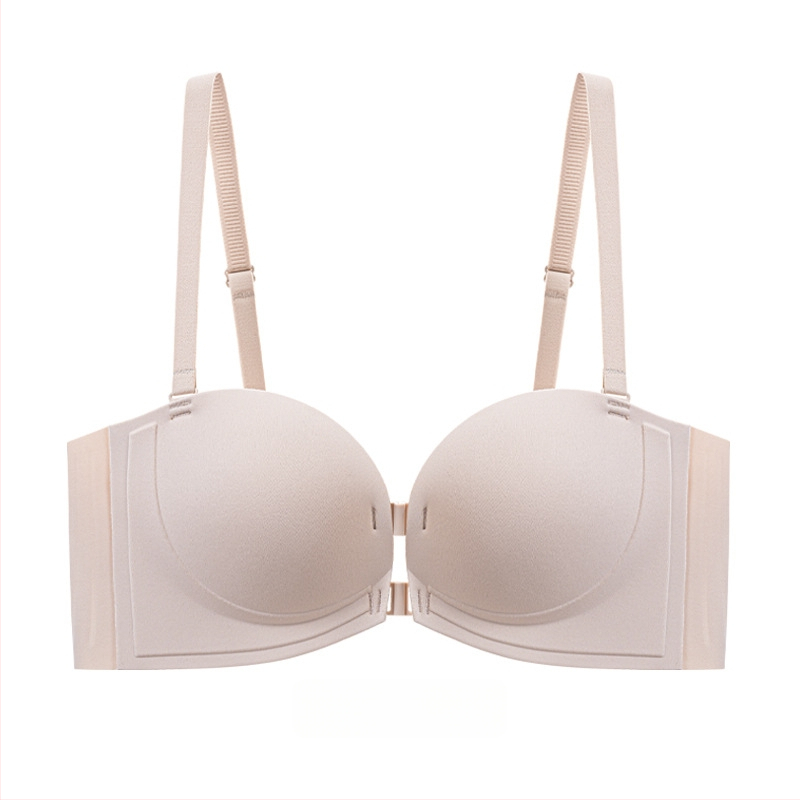 Бюстгальтер без презрамки с мека опора, повдигащ ефект, противохлъзващ дизайн, предна катарама, сменяеми двойни презрамки