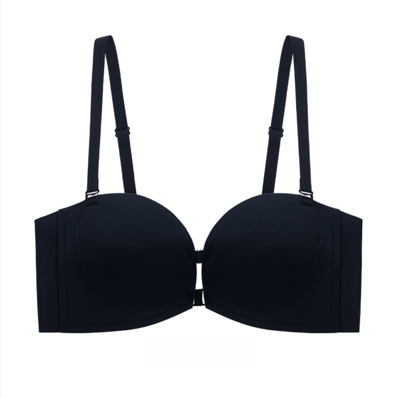 Бюстгальтер без презрамки с мека опора, повдигащ ефект, противохлъзващ дизайн, предна катарама, сменяеми двойни презрамки
