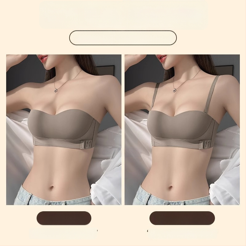 Сутиен без презрамки с повдигане, против изплъзване; чашка 1/2; основен материал нейлон, подплата спандекс; свалящи се двойни презрамки; задно закопчаване с три реда копчета