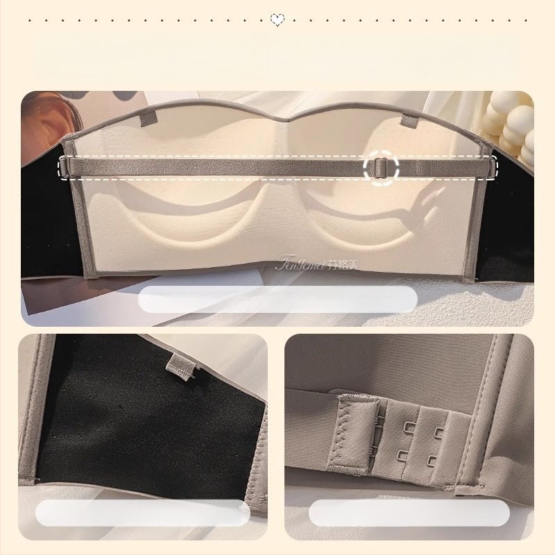 Сутиен без презрамки с повдигане, против изплъзване; чашка 1/2; основен материал нейлон, подплата спандекс; свалящи се двойни презрамки; задно закопчаване с три реда копчета