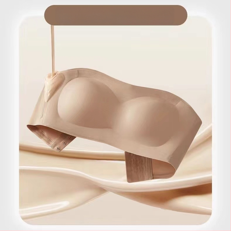 Сутиен без презрамки с повдигане, антихлъзгаща се лента и безшевна задна част, дишащ найлон-ликра, подплата 70–80% еластан