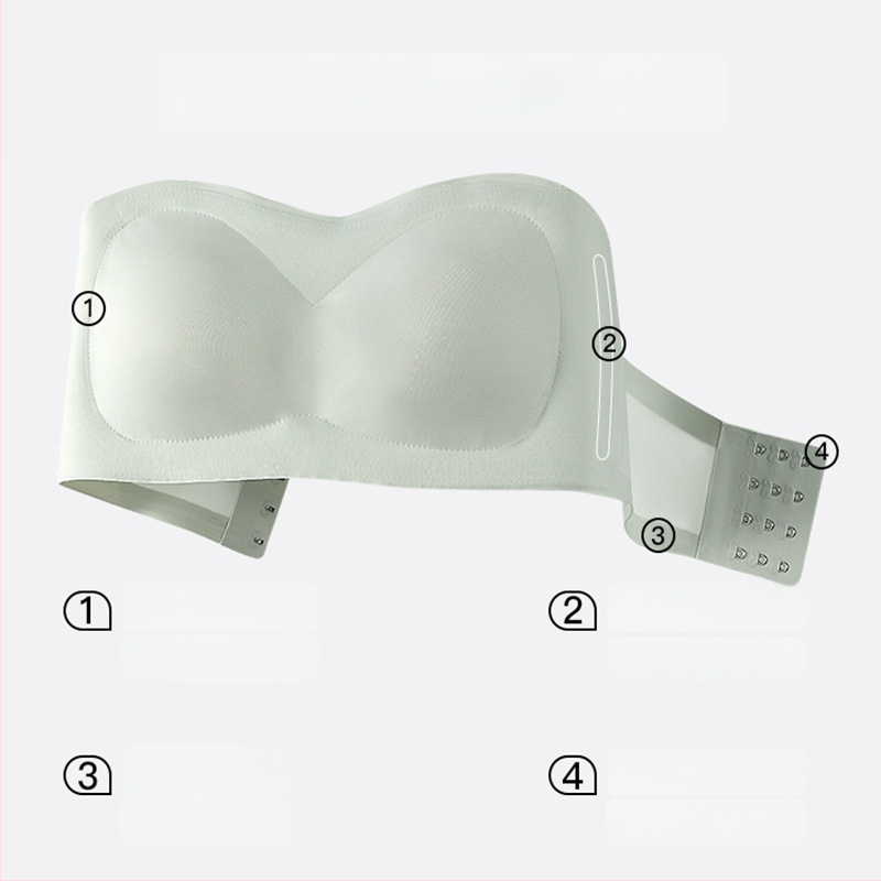 Сутиен без презрамки с повдигане, антихлъзгаща се лента и безшевна задна част, дишащ найлон-ликра, подплата 70–80% еластан