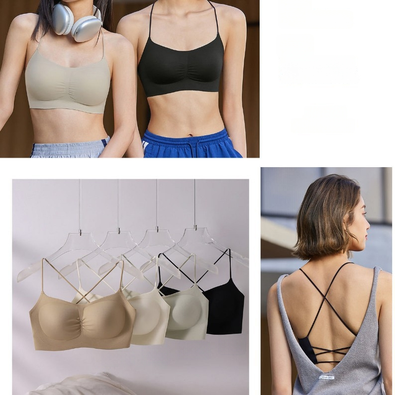 Безжичен push-up бюстгальтер с прорезен гръб и тънки презрамки, чашка 3/4, тънки формовани чаши, найлонова смес