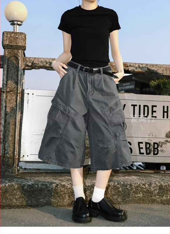 Șort denim cu cusătură camuflaj, aspect de două părți, croială cropped lejeră, talie medie, fermoar frontal