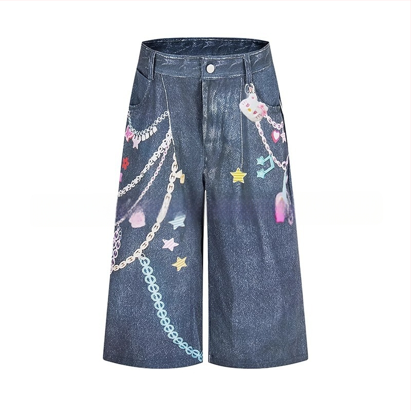 Șort denim cu cusătură camuflaj, aspect de două părți, croială cropped lejeră, talie medie, fermoar frontal