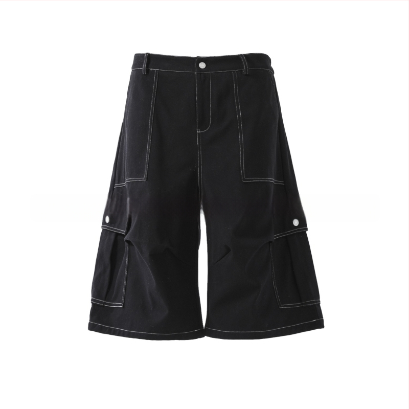 Șort denim cu cusătură camuflaj, aspect de două părți, croială cropped lejeră, talie medie, fermoar frontal