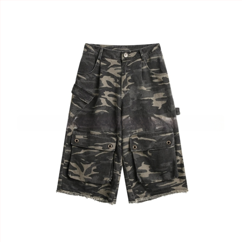 Șort denim cu cusătură camuflaj, aspect de două părți, croială cropped lejeră, talie medie, fermoar frontal